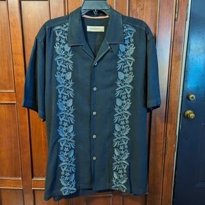 TOMMY BAHAMA 100% Silk Hawaiian embroidered Shirt Black